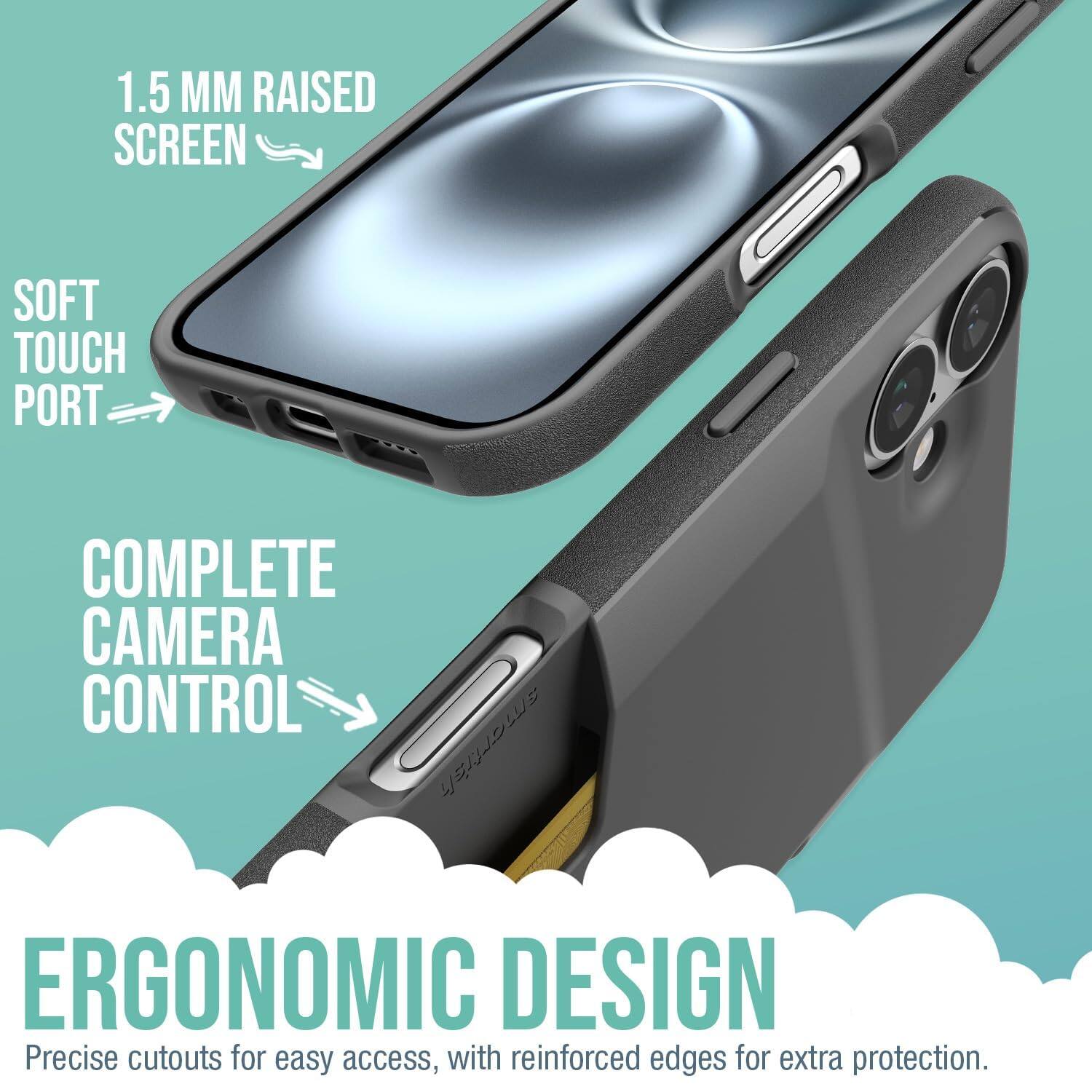 1.5 MM RAISED SCREEN SOFT TOUCH PORT COMPLETE CAMERA CONTROL

ERGONOMIC DESIGN
Precise cutouts for easy access, with reinforced edges for extra protection.