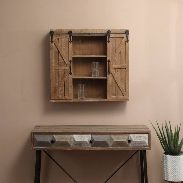 Angle. Hivvago - Farmhouse Sliding Bathroom Wall Mounted Cabinet 2-Doors & Shelves - Brown.