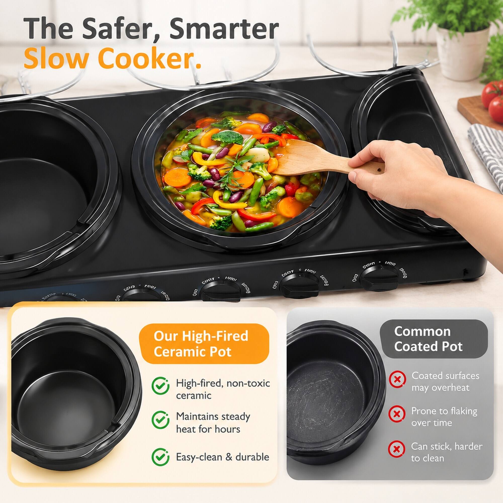 The Safer, Smarter Slow Cooker.

Our High-Fired Ceramic Pot
- High-fired, non-toxic ceramic
- Maintains steady heat for hours
- Easy-clean & durable

Common Coated Pot
- Coated surfaces may overheat
- Prone to flaking over time
- Can stick, harder to clean
