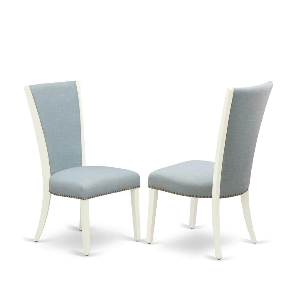 East West Furniture - Set of 2 - Dining Chair- Upholstered Chair Includes Linen Hardwood Structure with Baby Blue Linen Fabric Seat - White