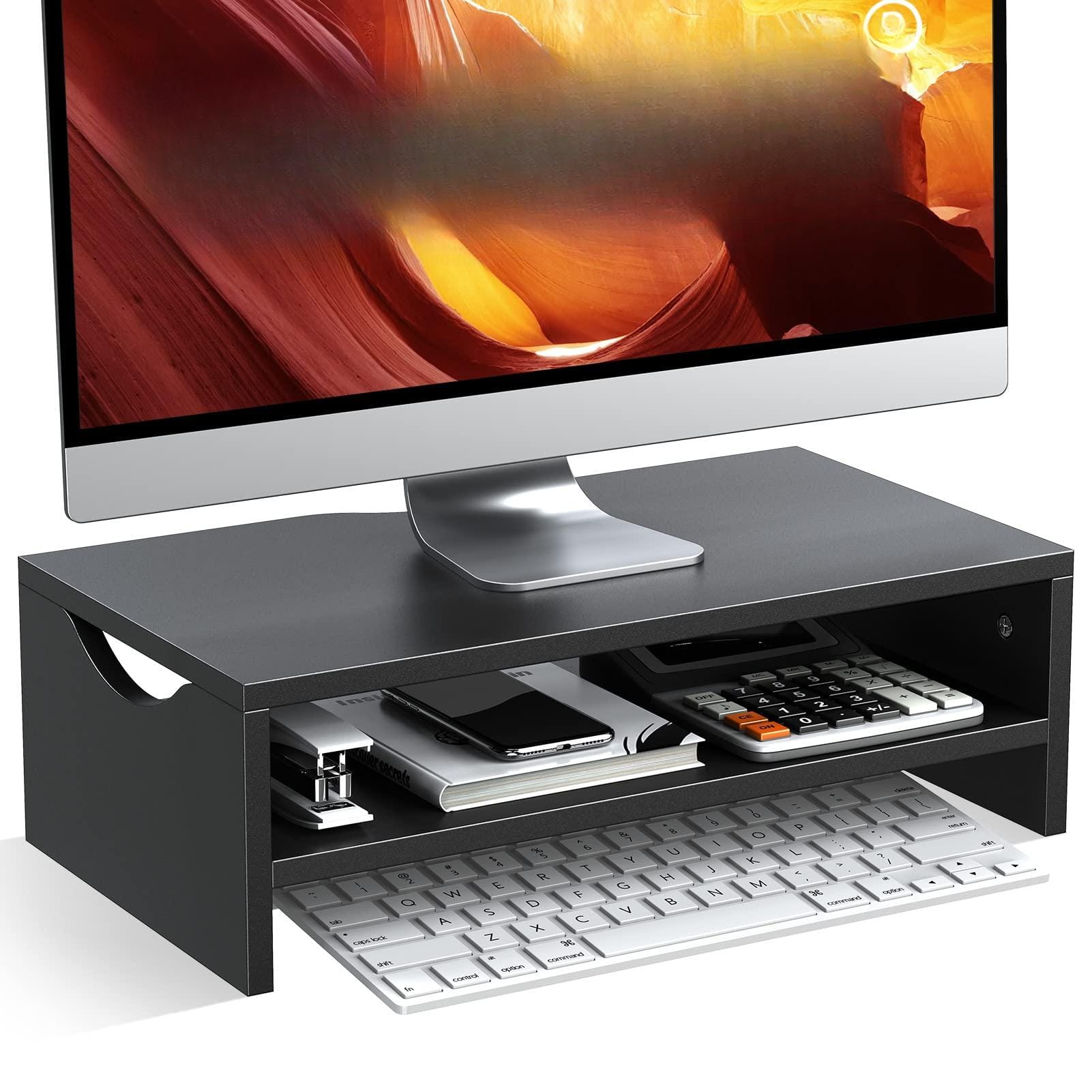 Refined Abode Design - Monitor Stand Riser 2 Tiers Laptop Computer For Pc Screen Imac Desktop Wooden With Storage Home Office - Black