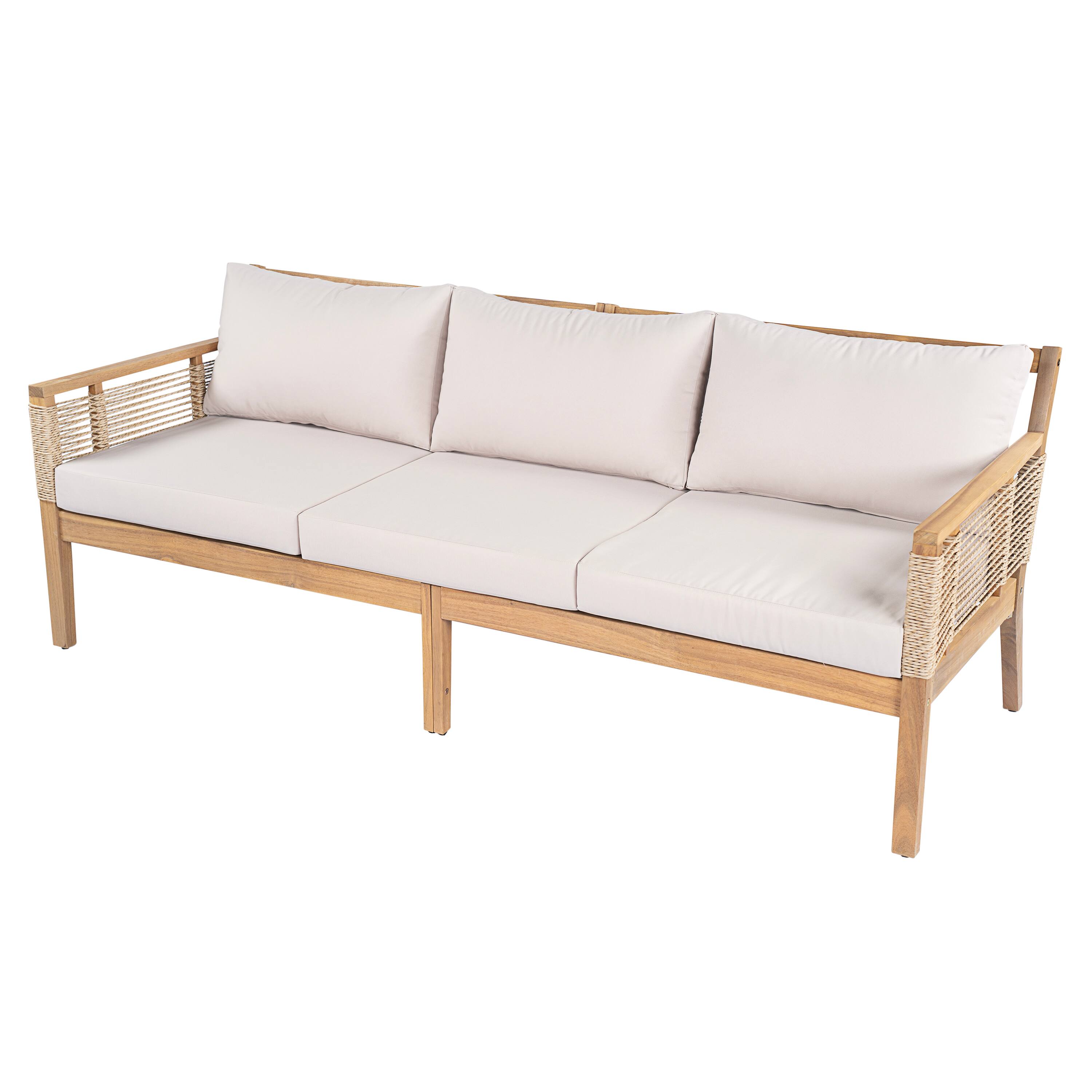 Angle. Whisen - 75" W Outdoor 3-Seater Sofa, Acacia Wood Patio Loveseat with Hand-Woven Rope & Water-Resistant Cushions - Light Teak|Beige.