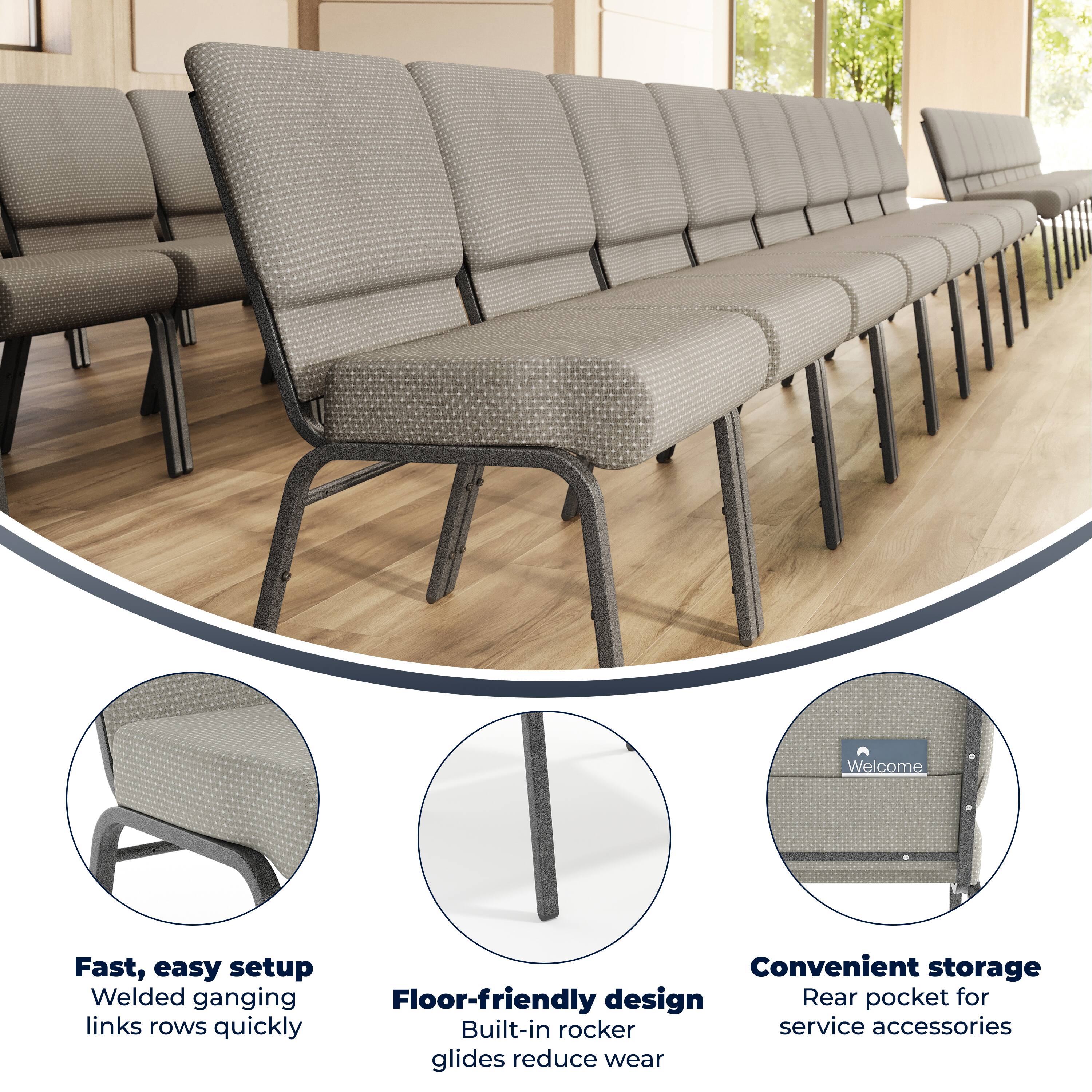 Welcome

Fast, easy setup  
Welded ganging links rows quickly

Convenient storage  
Rear pocket for service accessories

Floor-friendly design  
Built-in rocker glides reduce wear