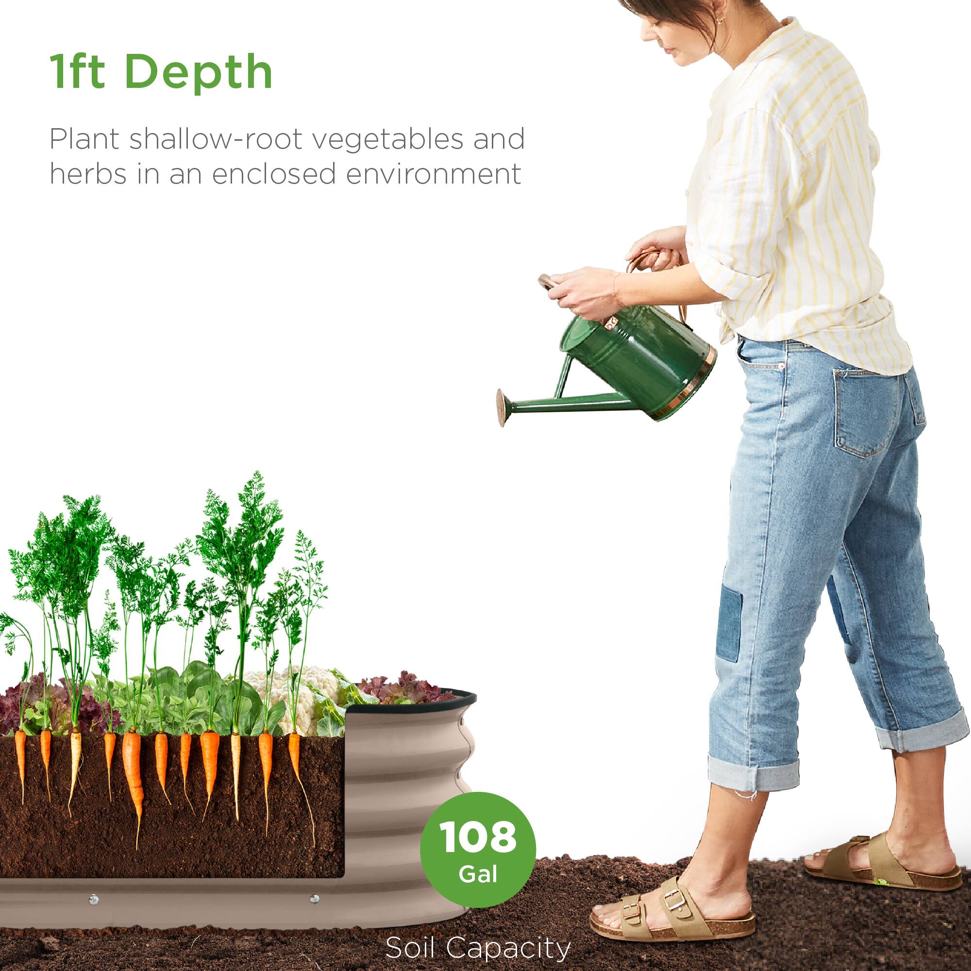 1ft Depth  
Plant shallow-root vegetables and herbs in an enclosed environment  

108 Gal  
Soil Capacity