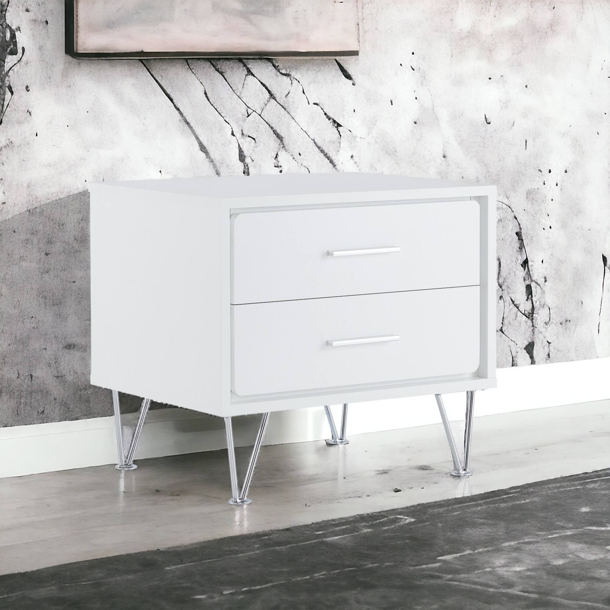 Front. GOODSILO - Walnut Finish Rectangular Accent Table with Two Drawers and Metal Legs for Bedroom or Living Room Storage - White.