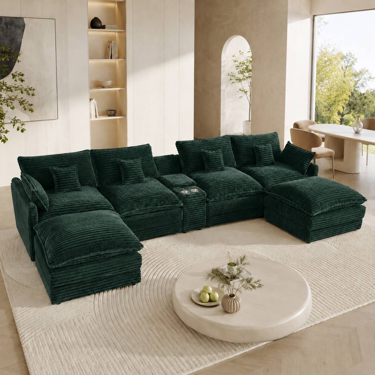 Angle. Anysun - 141" U-Shaped Sofa Set – Center Console with USB Ports & Cup Holders – Includes 4 Pillows - Green.