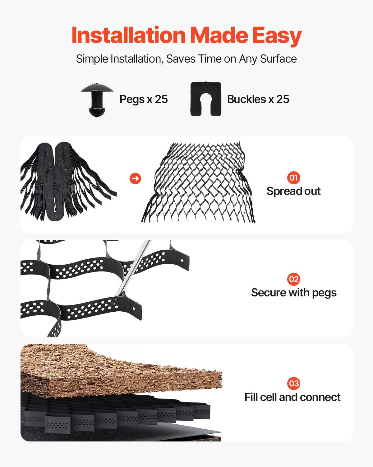Installation Made Easy
Simple Installation, Saves Time on Any Surface
Pegs x 25
Buckles x 25
01 Spread out
02 Secure with pegs
03 Fill cell and connect