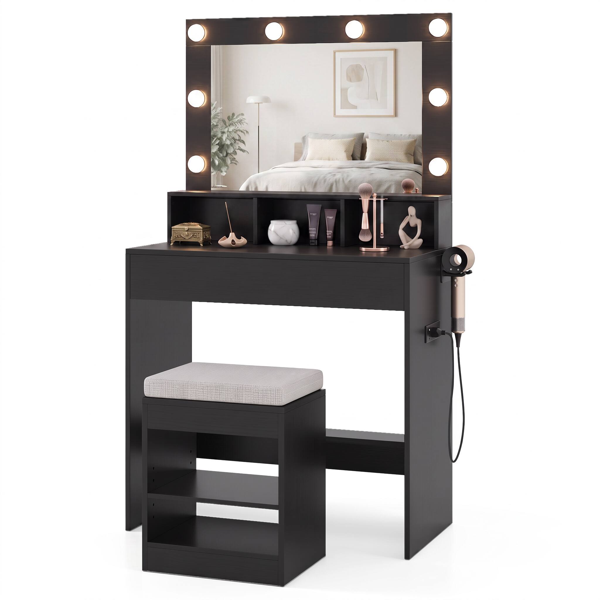 Left. WELLFOR - Makeup Vanity Desk with Lights & Charging Station, Modern Makeup Vanity Set with Storage Stool & Drawer for Girl, Teen - Black.