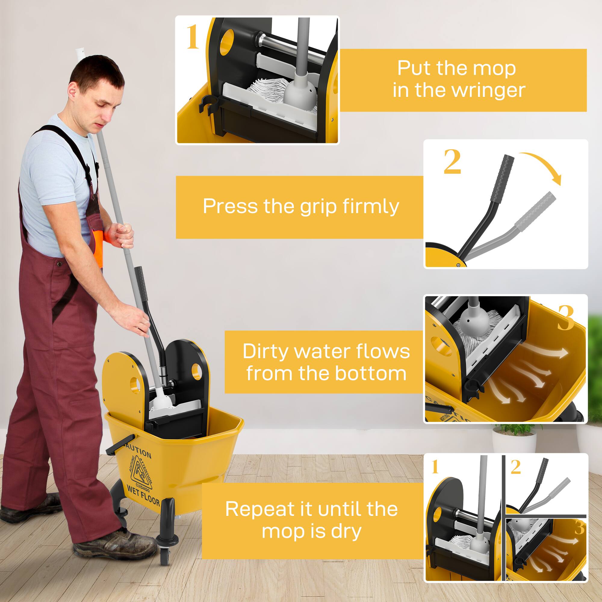 1 Put the mop in the wringer
2 Press the grip firmly
3 Dirty water flows from the bottom
Repeat it until the mop is dry