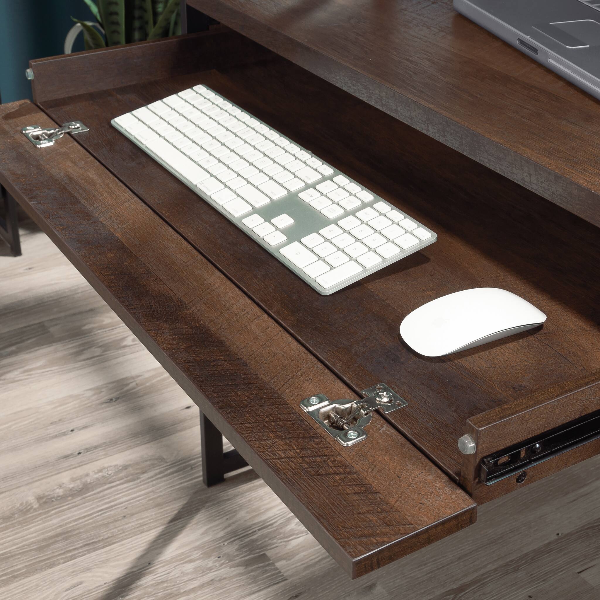 Back. Spaco - Compact Computer Desk with Hutch, Keyboard Tray, Drawers, Shelves, Oak - Brown.