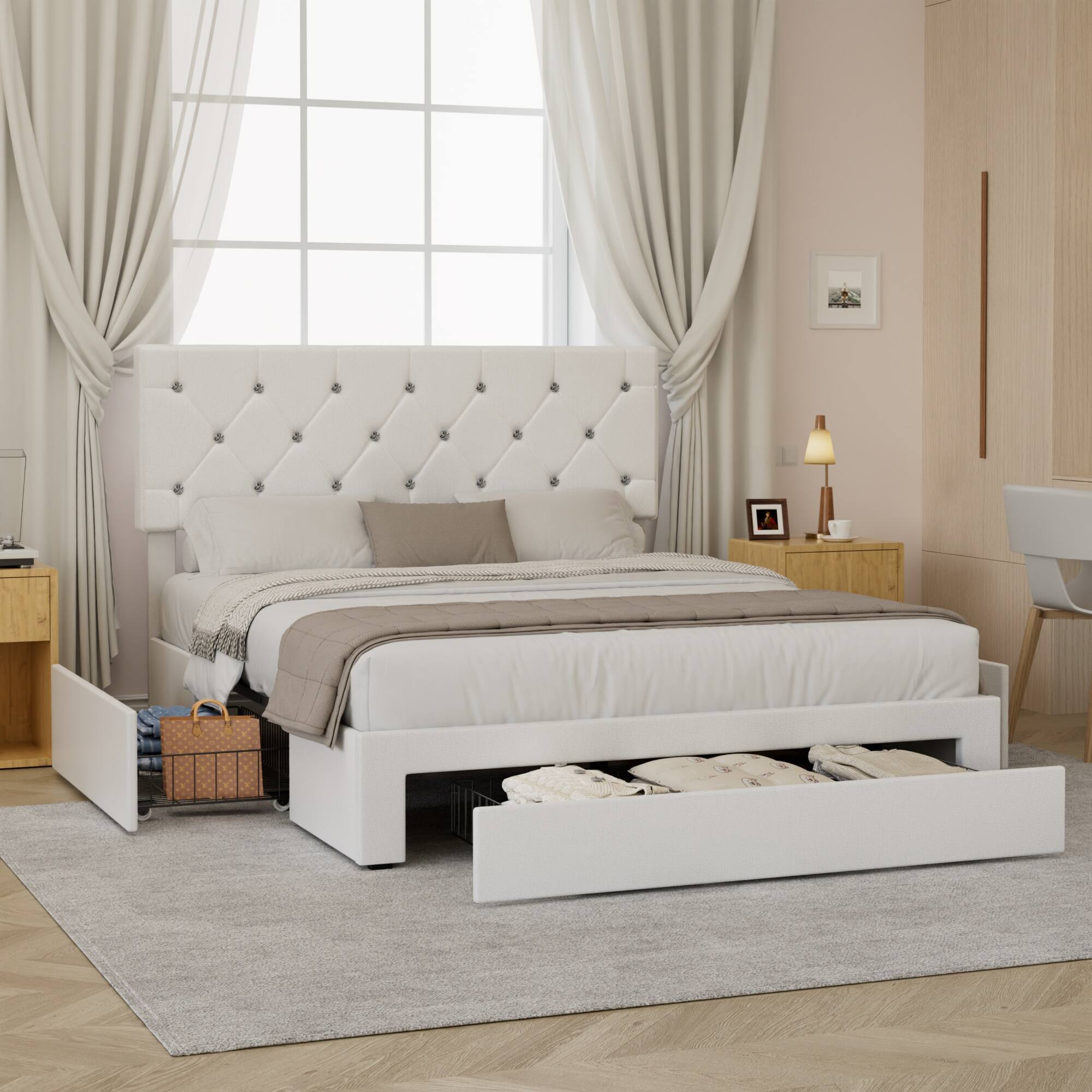 Alt View 5. Vecelo - Queen Bed Frame with Storage Drawers, Upholstered Faux Leather Platform Bed with Adjustable Headboard and Wood Slats - White.