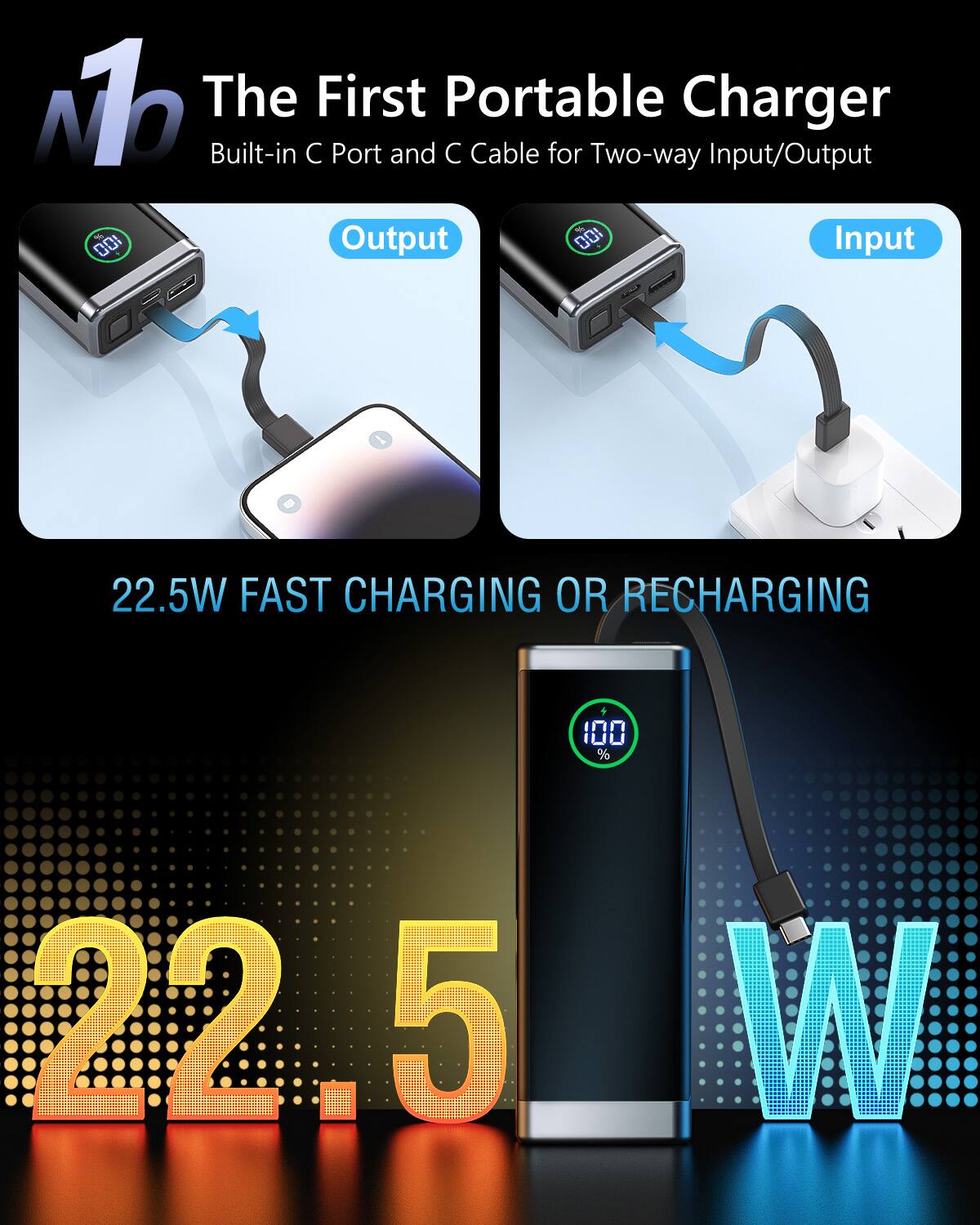 MO The First Portable Charger Built-in C Port and C Cable for Two-way Input/Output  
A 100 Output 100 Input 22.5W FAST CHARGING OR RECHARGING 100 % 22.5 5 W