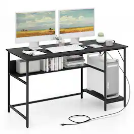 Gymax - 55 Inches Computer Desk w/ Charging Station PC Desk w/ 4 Power Outlets & 2 USB Ports - Black