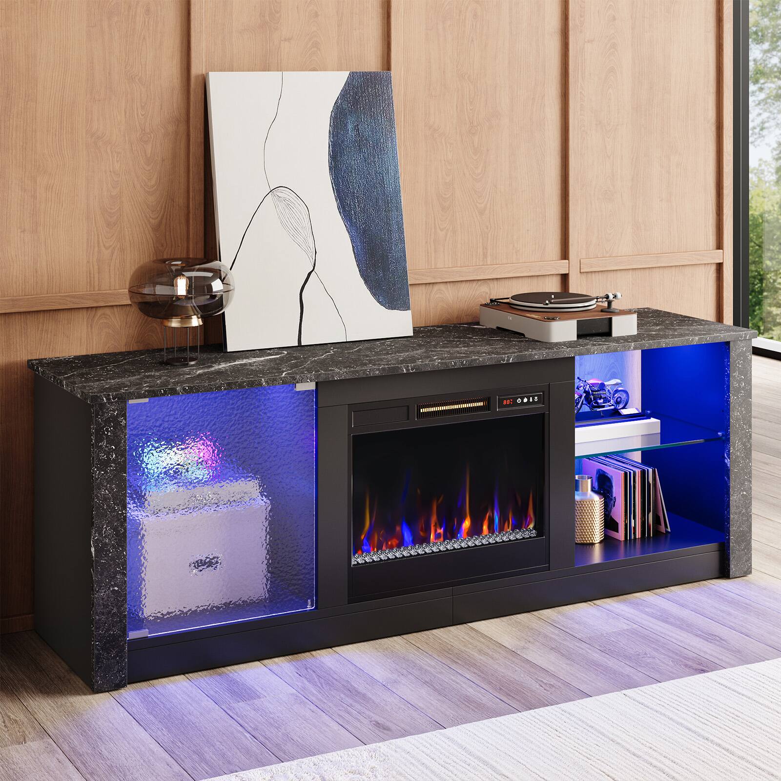 Alt View 5. Bestier - 63" Gaming TV Stand with Fireplace & LED Lights Media Console for 70" TVs Adjustable Shelves & Remote Control - Black.