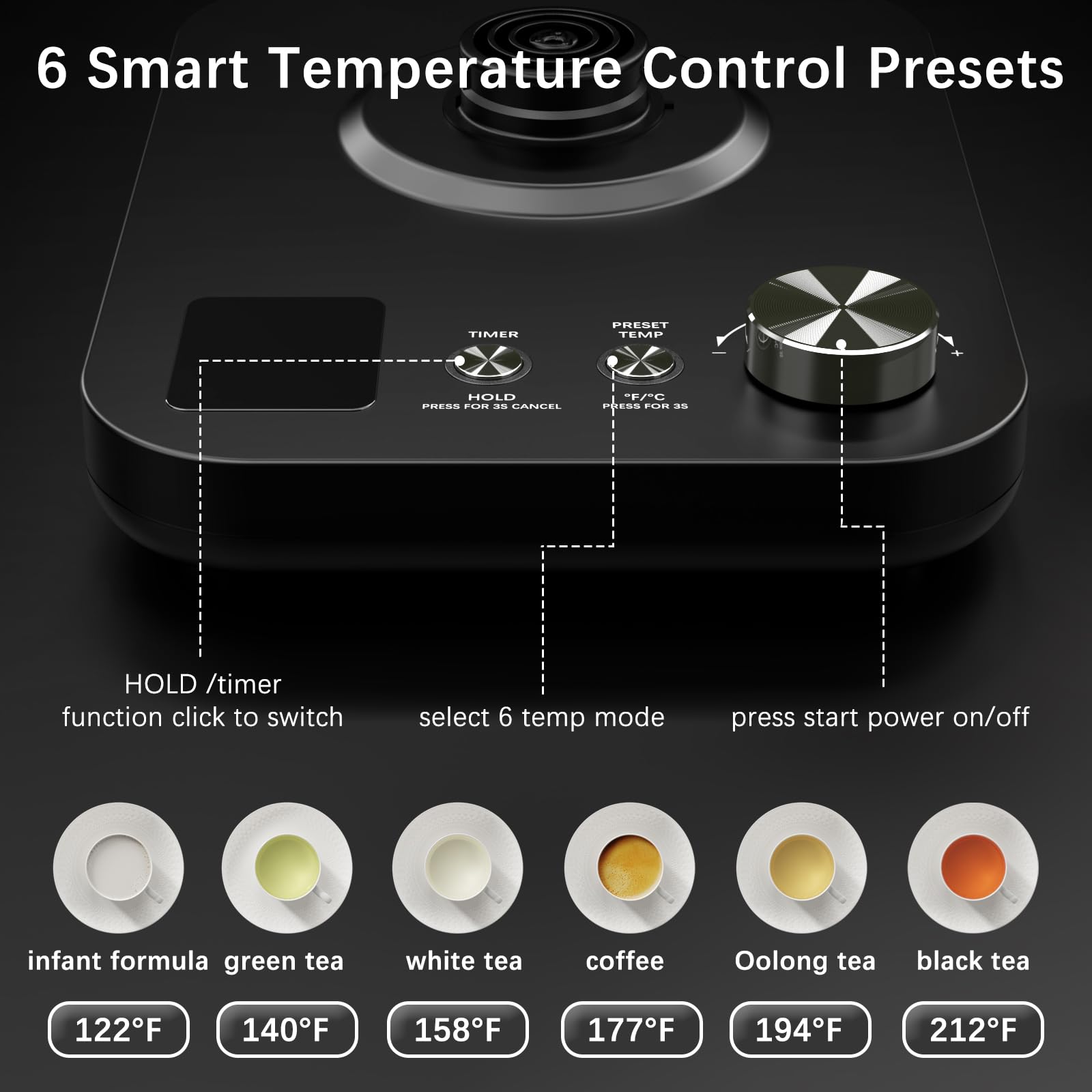 6 Smart Temperature Control Presets

- HOLD / timer function click to switch
- select 6 temp mode
- press start power on/off

- infant formula: 122°F
- green tea: 140°F
- white tea: 158°F
- coffee: 177°F
- Oolong tea: 194°F
- black tea: 212°F