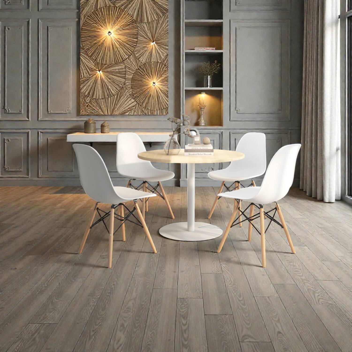 Hivvago - Four Modern Dining Chairs Featuring Plastic Seat and Wood Frame - White