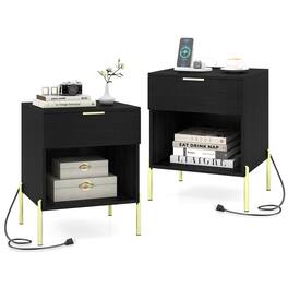 Costway - 2 PCS Mid Century Modern Nightstand with Charging Station, Drawer & Open Compartment - Black