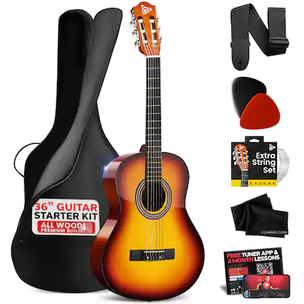 NC T Extra String Set E, A, D, G, B, E, 36" GUITAR STARTER KIT ALL WOOD PREMIUM BUILD CLEANING CLOTH 3556850 TUNER APP & FREE LESSONS 2 MONTH P A