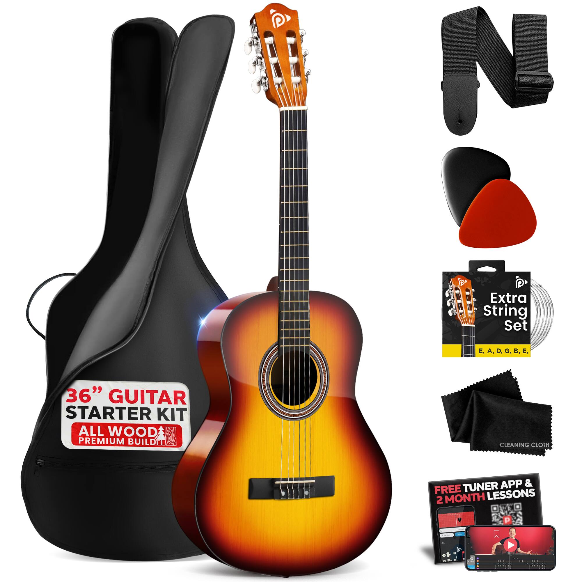 NC T Extra String Set E, A, D, G, B, E, 36" GUITAR STARTER KIT ALL WOOD PREMIUM BUILD CLEANING CLOTH 3556850 TUNER APP & FREE LESSONS 2 MONTH P A