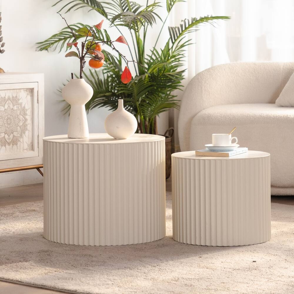 Alt View 8. Loheer - Loheer Beige Nesting Coffee Table Set of 2 Modern Drum Side Table Wave Stripe Round End Table for Living Room - Beige.