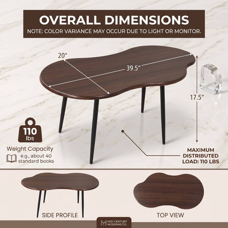 OVERALL DIMENSIONS  
NOTE: COLOR VARIANCE MAY OCCUR DUE TO LIGHT OR MONITOR.  

20"  
39.5"  
17.5"  
110 lbs  
Weight Capacity e.g., about 40 standard books  
MAXIMUM DISTRIBUTED LOAD: 110 LBS  

SIDE PROFILE  
TOP VIEW  

MID-CENTURY MODERNS CO.