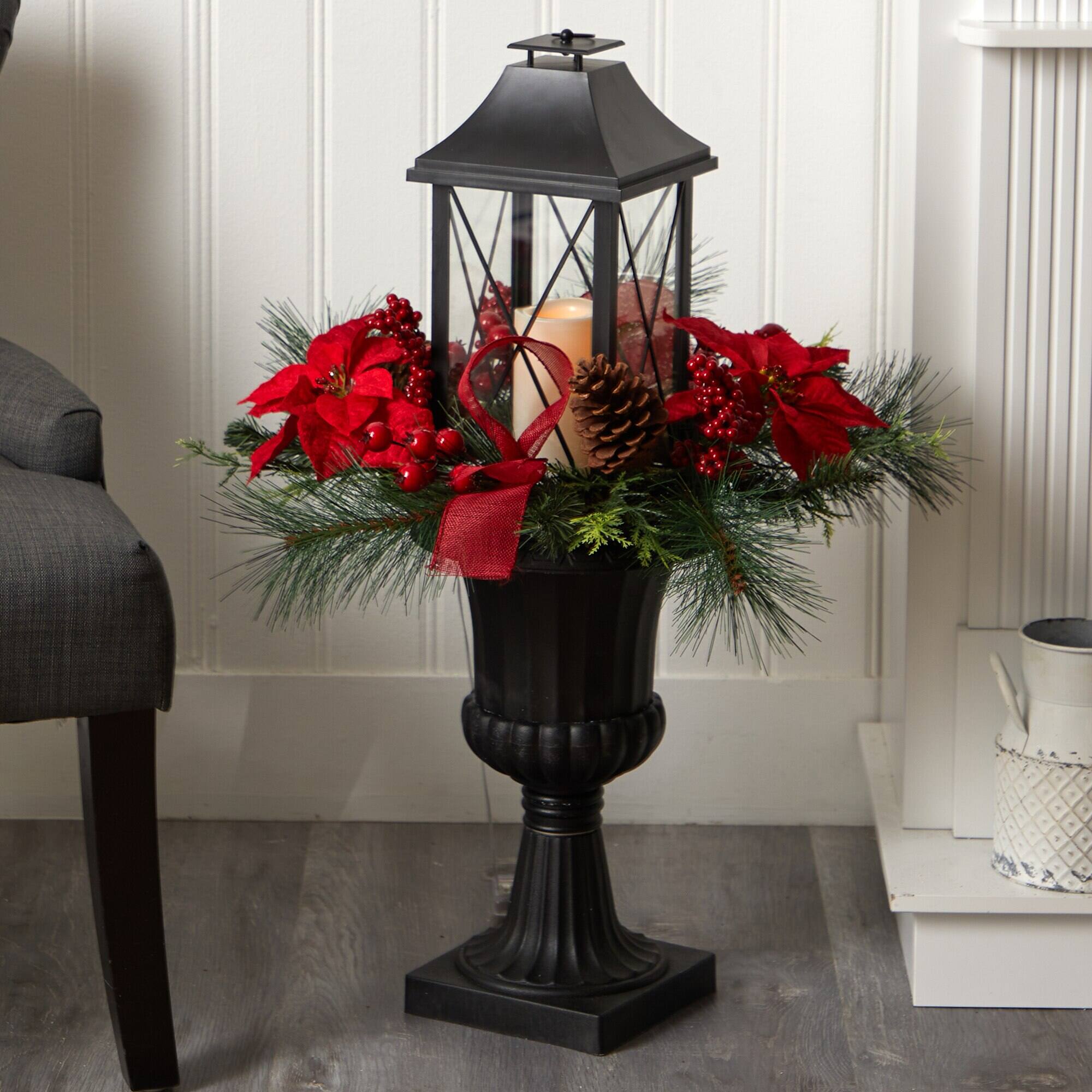 Left. BreeBe - 33” Christmas Lantern with Poinsettia and Berries in Urn - Red.