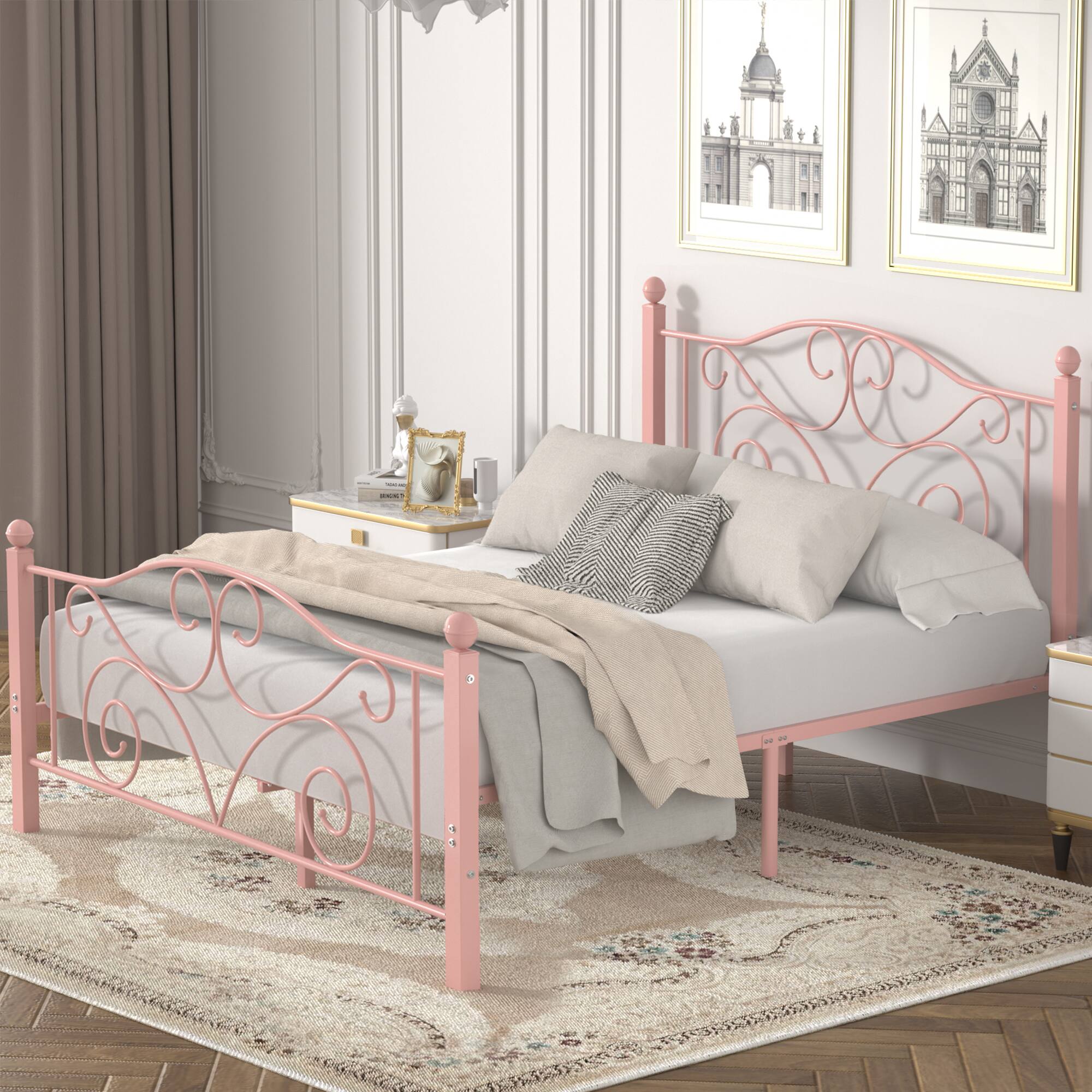 Alt View 2. Vecelo - Full Metal Bed Frame with Headboard & Footboard, Heavy Duty Steel Slats - No Box Spring, Easy Assembly,Pink - Pink.
