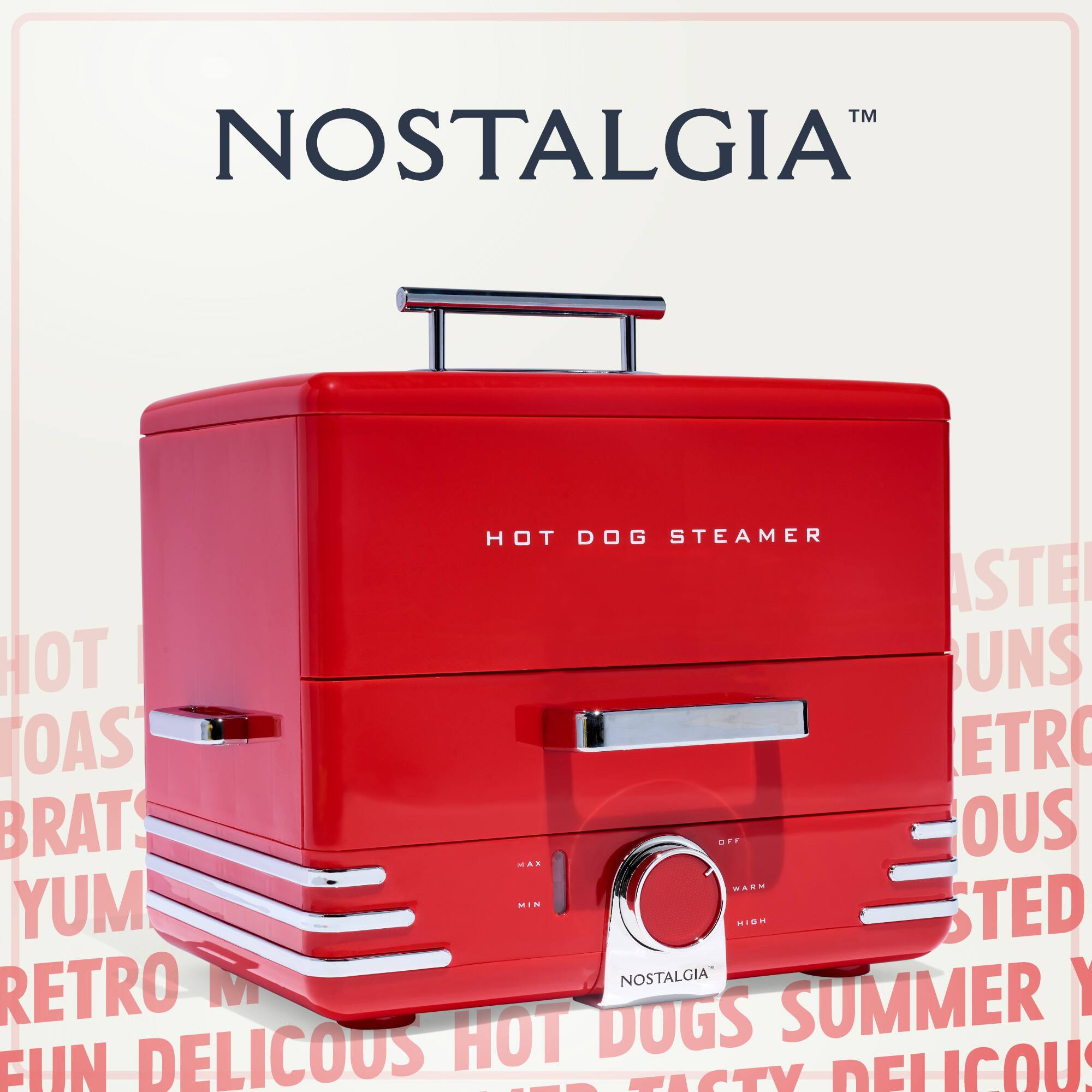 Nostalgia™ Hot Dog Steamer  
Hot Toasts  
Brats  
Yum  
Retro  
Fun Delicious Hot Dogs  
Summer  
Delicious