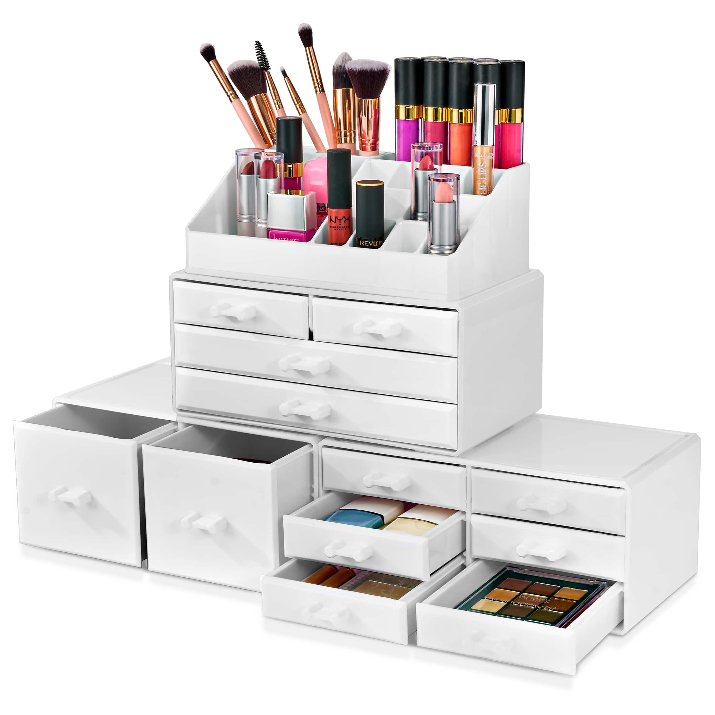 Sorbus - Large 12 Drawers Makeup Organizer with Lipstick Slots & Makeup Brush Holders - White