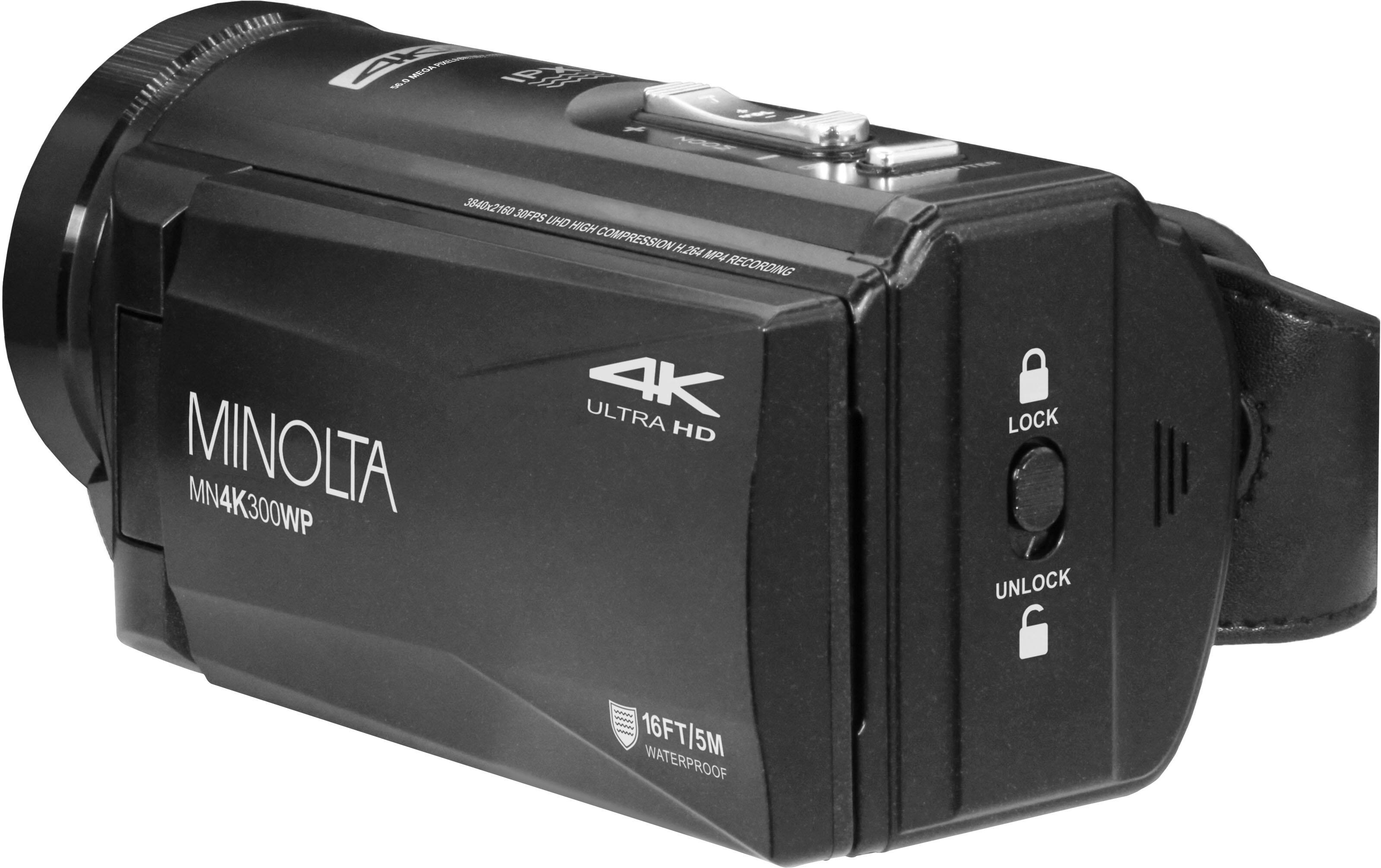 The text on the image reads: "2k 500 nn_ MESA IA C 3840x2160 3OFPS UHD HIGH COMPRESSION H.264 H MPA4 RECORDING MINOLTA MN4K300WP 4K ULTRA HD LOCK UNLOCK 2d4 16FT/5M WATERPROOF."
