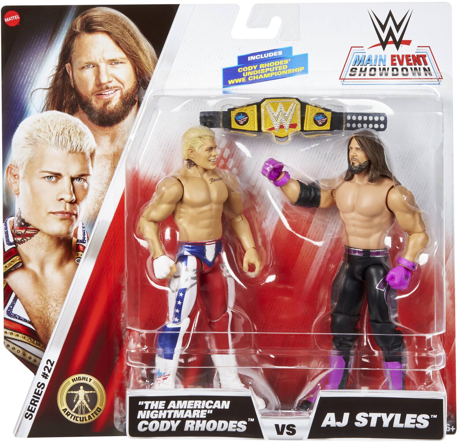 The text on the image can be grouped and corrected as follows:

- "MASTEL INCLUDES CODY RHODES WWE CHAMPIONSHIP W MAIN EVENT SHOWDOWN W BL D #22 HIGHLY SERIES ARTICULATED ATED NIGHTMARE" 
  - Corrected: "Includes Cody Rhodes WWE Championship Main Event Showdown #22 Highly Articulated Figure"

- "THE AMERICAN TM CODY RHODES vs AJ STYLES 6+"
  - Corrected: "The American Nightmare Cody Rhodes vs AJ Styles"

- "AJ STYLES"
  - Corrected: "AJ Styles"

- "CODY RHODES"
  - Corrected: "Cody Rhodes"

- "THE AMERICAN NIGHTMARE"
  - Corrected: "The American Nightmare"

- "HIGHLY ARTICULATED"
  - Corrected: "Highly Articulated"

- "6+"
  - Corrected: "6+"

- "INCLUDES"
  - Corrected: "Includes"

- "WWE"
  - Corrected: "WWE"

- "MASTEL"
  - Corrected: "Mattel"
