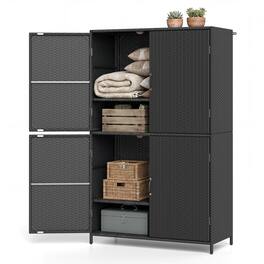WELLFOR - 4-Door Rattan Vertical Storage Shed with Adjustable Shelves - Black