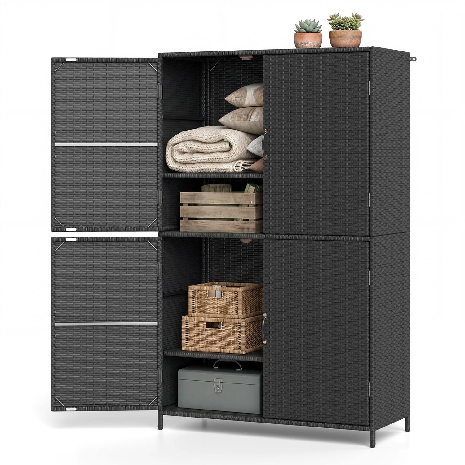 Front. WELLFOR - 4-Door Rattan Vertical Storage Shed with Adjustable Shelves - Black.