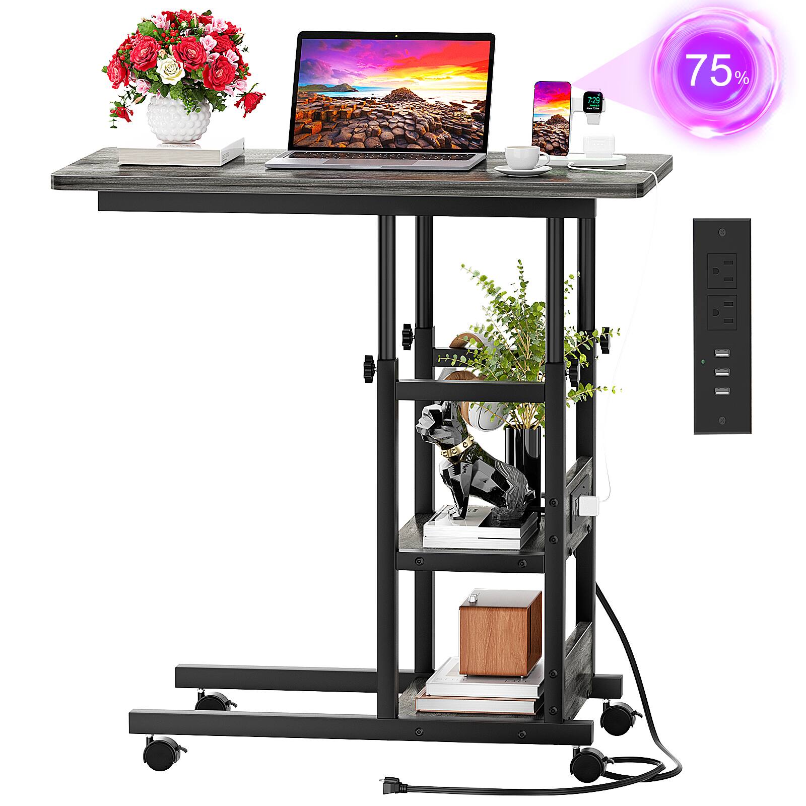 Back. Aheaplus - C-Shaped Height Adjustable End Table with Power Outlet, Side Table with Storage Shelves - Gray Oak.