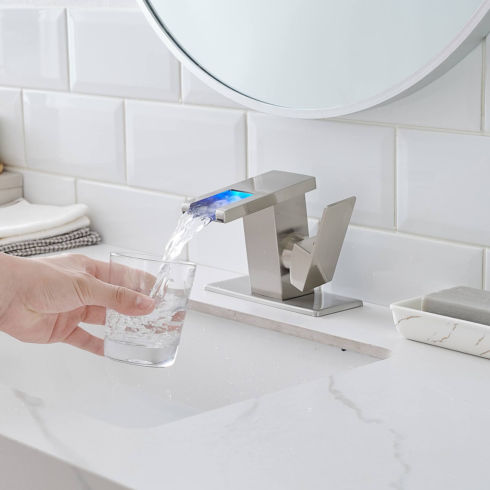 Alt View 5. Glintex - Bathroom Sink Faucet LED Light 3 Colors，Waterfall， Glass Spout， Hot Cold Water Mixer Single Handle，One Hole - Brushed Nickel.