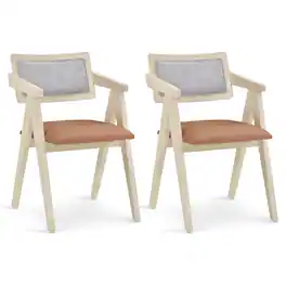 WELLFOR - Set of 2 Mid-Century Wooden Accent Chairs with Leathaire Seat Cushions - Beige