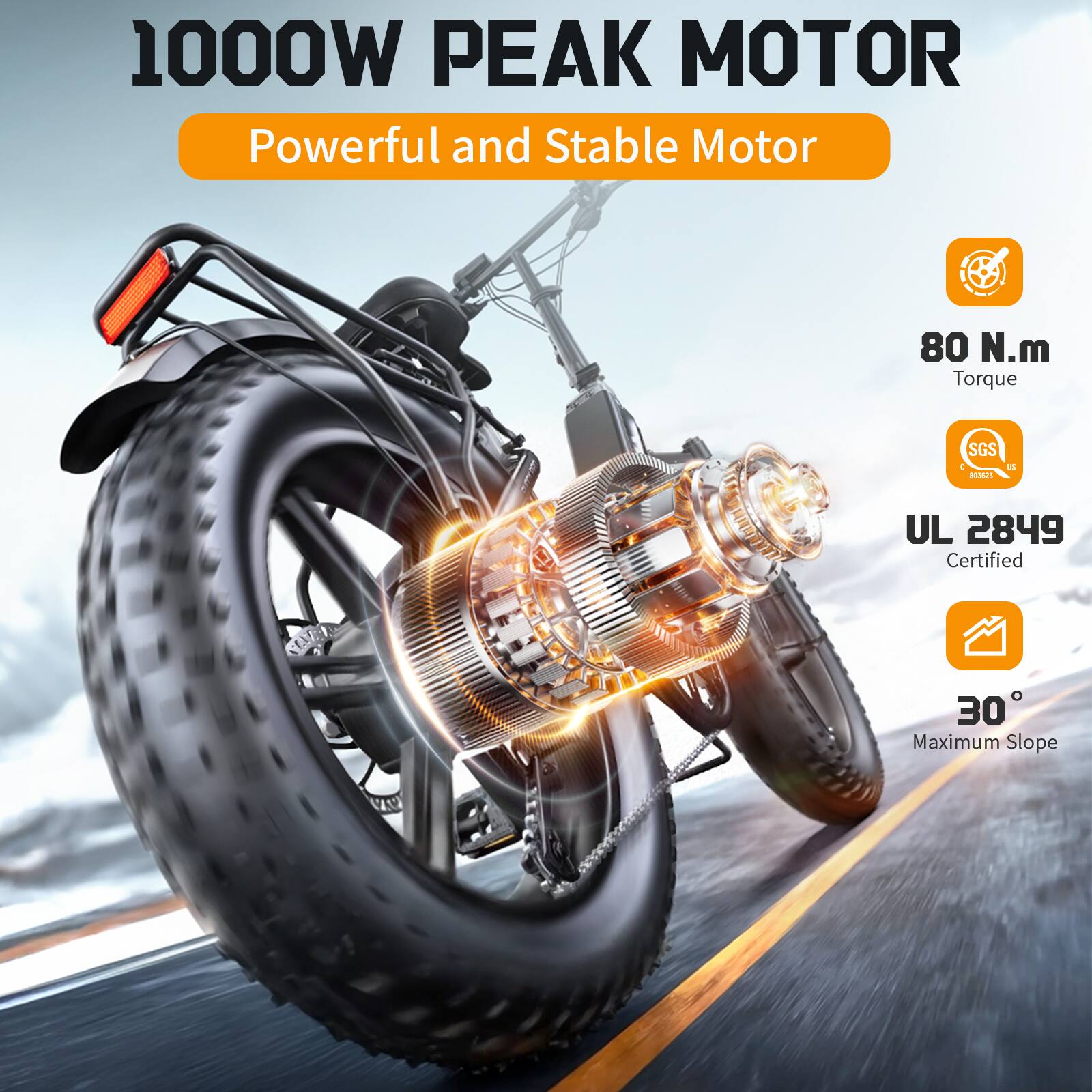 1000W PEAK MOTOR  
Powerful and Stable Motor  

80 N.m Torque  
UL 2849 Certified  
30° Maximum Slope