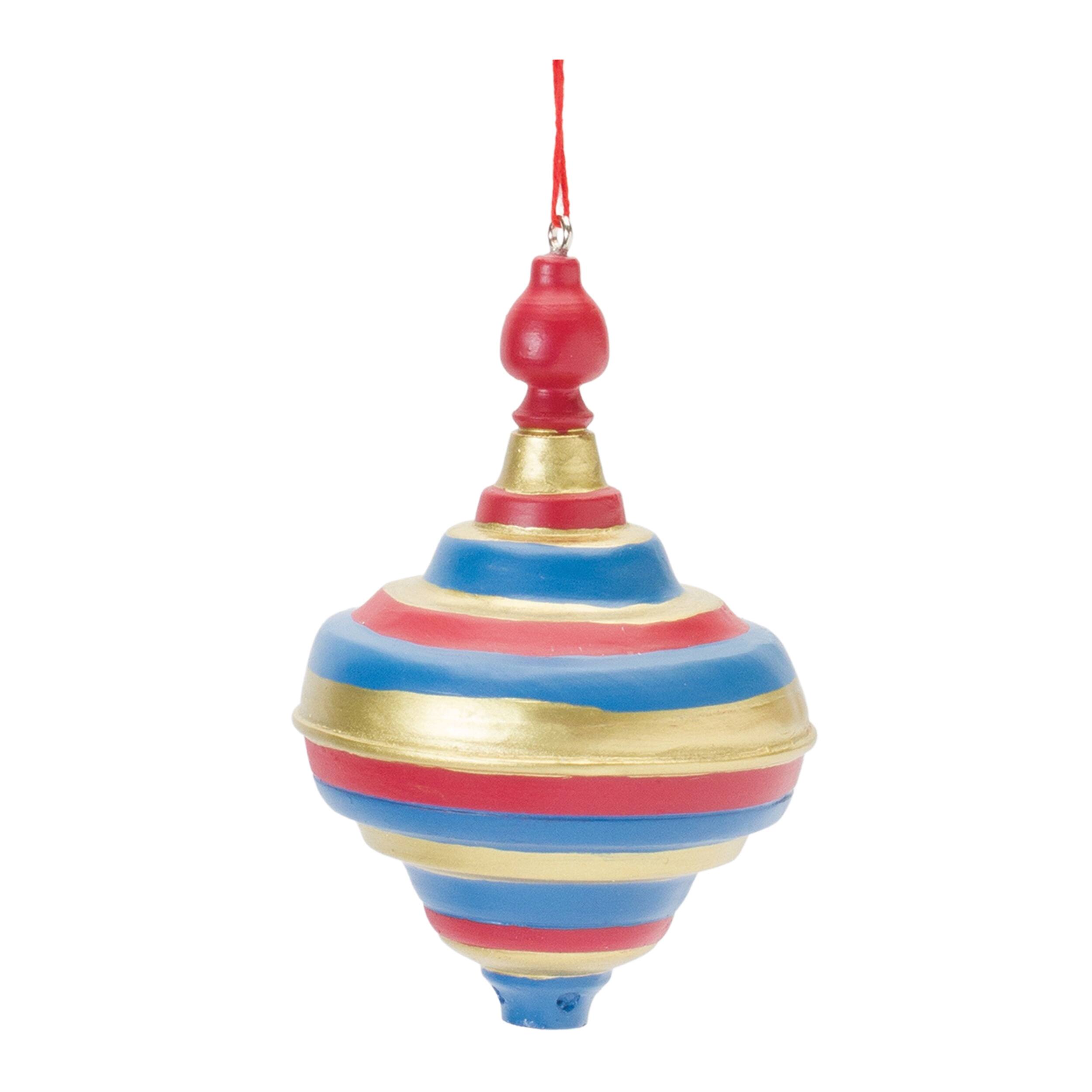 Back. BreeBe - Toy Drum and Top Spinner Ornament (Set of 12) - Red, Blue, Gold.