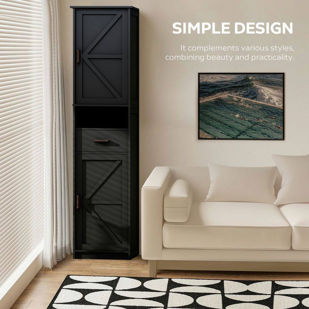 Alt View 5. Kadyn - 69" H Tall Bathroom Storage Cabinet with 2 Barn Doors and 1 Drawer, Narrow Storage Unit, Adjustable Shelves, Black - Black.