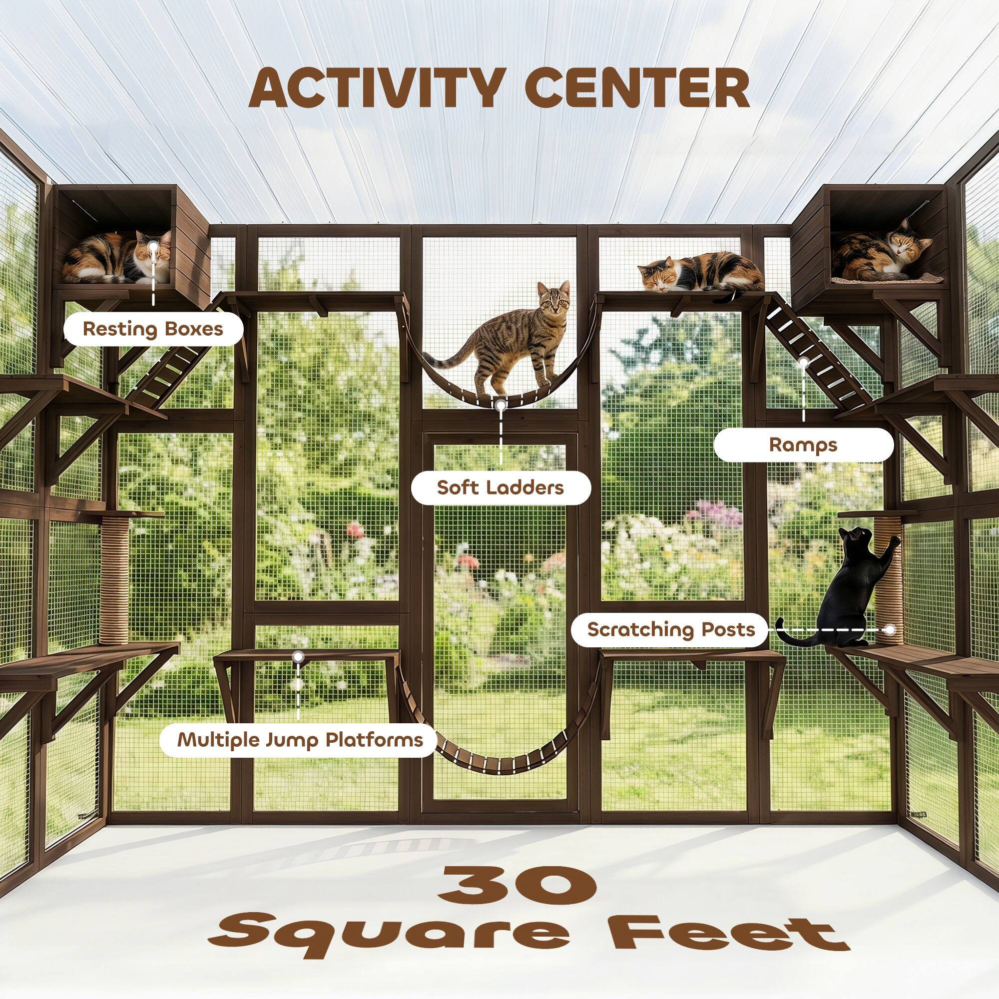 ACTIVITY CENTER  
Resting Boxes  
Ramps  
Soft Ladders  
Scratching Posts  
Multiple Jump Platforms  
30 Square Feet