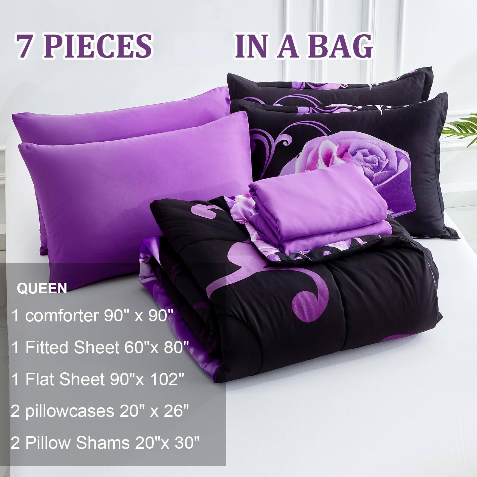 7 PIECES IN A BAG

QUEEN
1 comforter 90" x 90"
1 Fitted Sheet 60" x 80"
1 Flat Sheet 90" x 102"
2 pillowcases 20" x 26"
2 Pillow Shams 20" x 30"