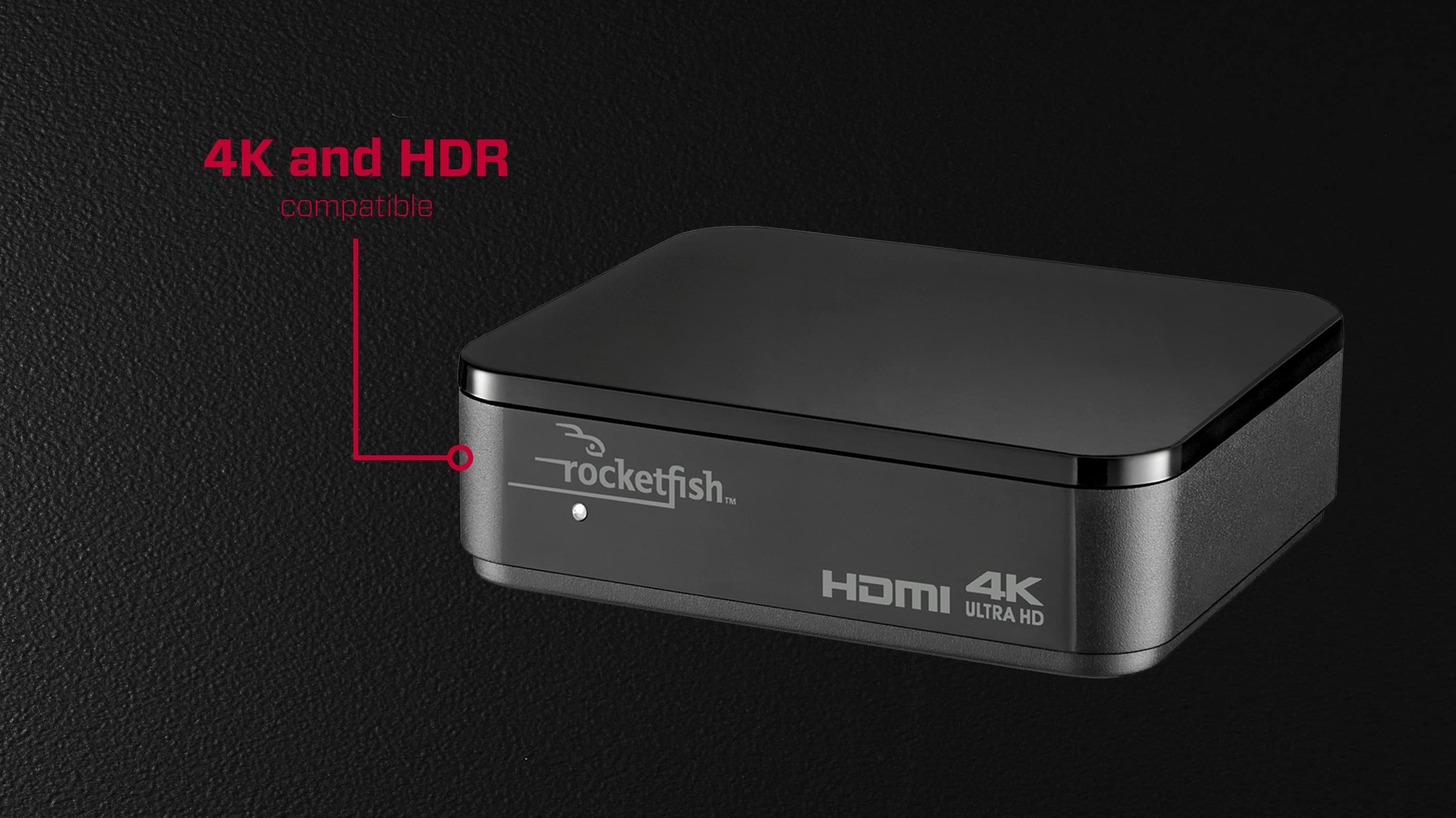 The text on the image reads: "4K and HDR compatible rocketfish. IM HDMI 4K ULTRA HD."