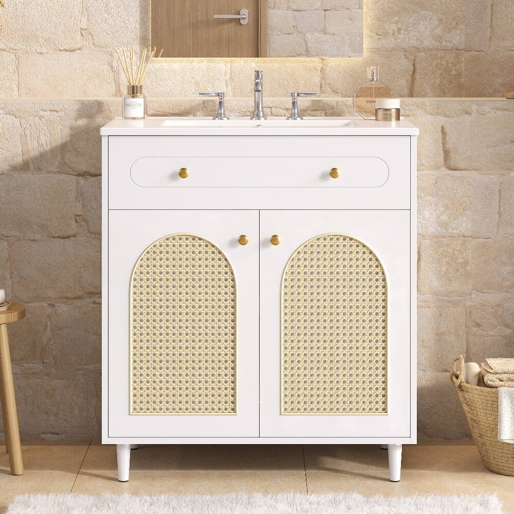 Left. Loheer - Loheer 30 inch bathroom vanity with sink White Rattan Solid Wood Cabinet - White.