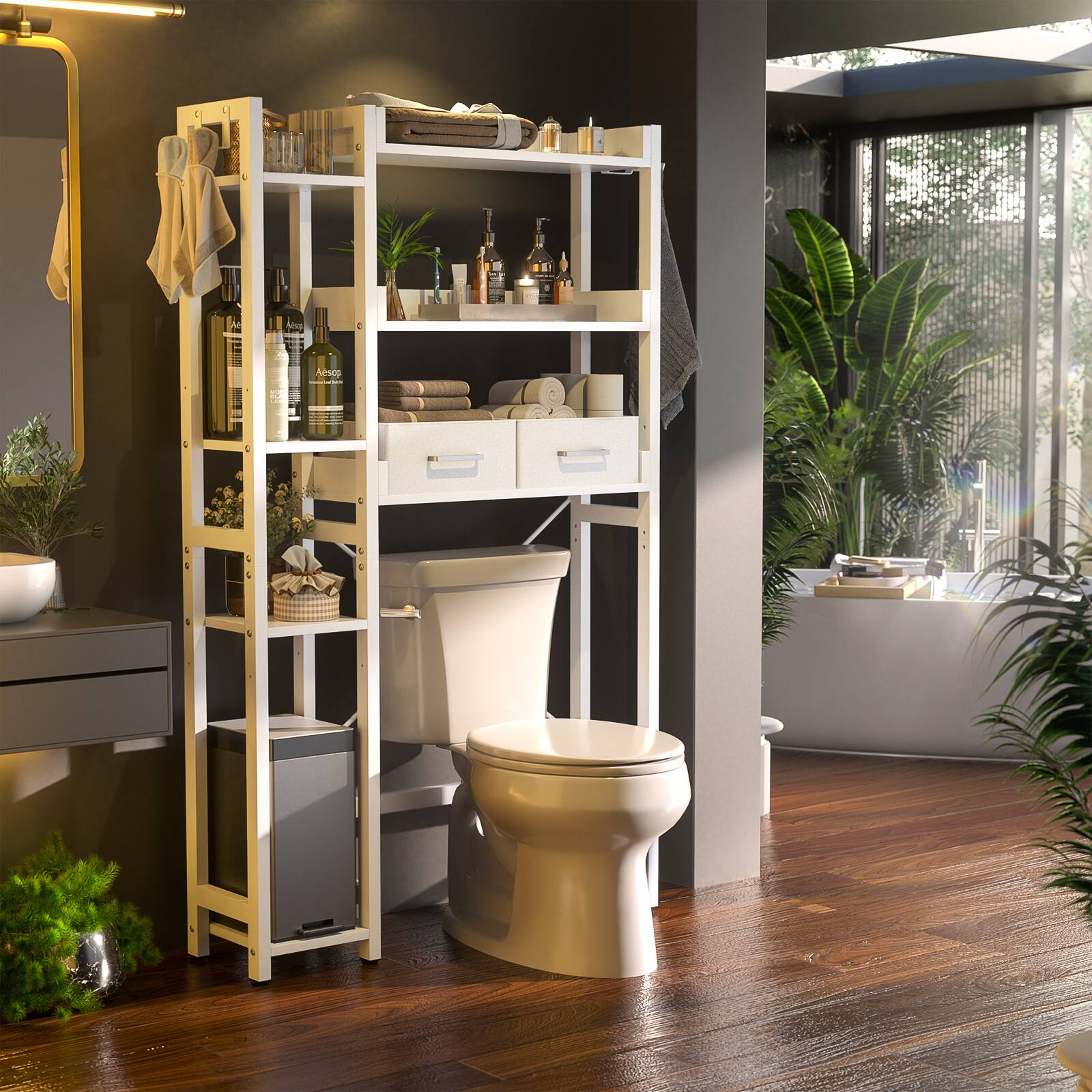Alt View 5. Aheaplus - Over the Toilet Storage with 2 Drawers, 7-Tier Freestanding Space Save Bathroom Organizer Shelf with 4 Hooks - White.