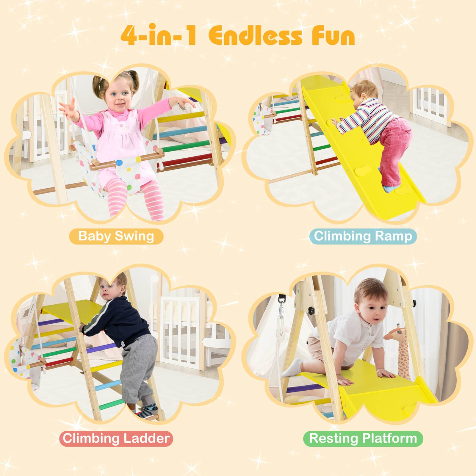4-in-1 Endless Fun

- Baby Swing
- Climbing Ramp
- Climbing Ladder
- Resting Platform