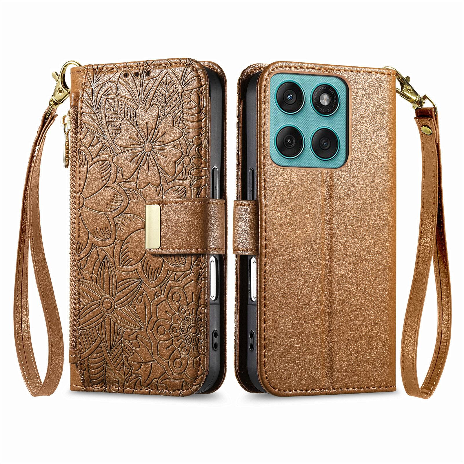 Angle. UUCOVER - Floral PU Leather Wallet Case for Motorola Moto Edge (2025) with Zipper Pocket, Cash Card Slot, Shoulder & Wrist Strap - Brown.