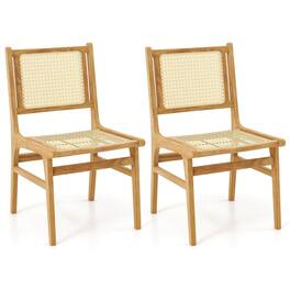 Costway - 2 PCS Rattan Dining Chair with Cane Woven Backrest & Seat & Teak Wood Frame - Natural