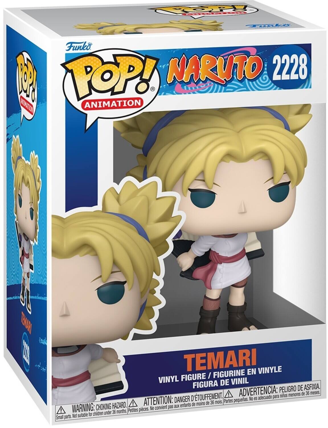 Funko POP! Animation  
NARUTO 2228  
TEMARI  

VINYL FIGURE / FIGURINE EN VINYLE / FIGURA DE VINIL  

ADVERTENCIA: PELIGRO DE ASFIXIA.  
ATTENTION: DANGER D'ÉTOUFFEMENT.  
WARNING: CHOKING HAZARD.  

No es adecuado para niños menores de 36 meses.  
Ne convient pas aux enfants de moins de 36 mois.  
Not suitable for children under 36 months.  

Small parts.  
Petites pièces.  
Partes pequeñas.
