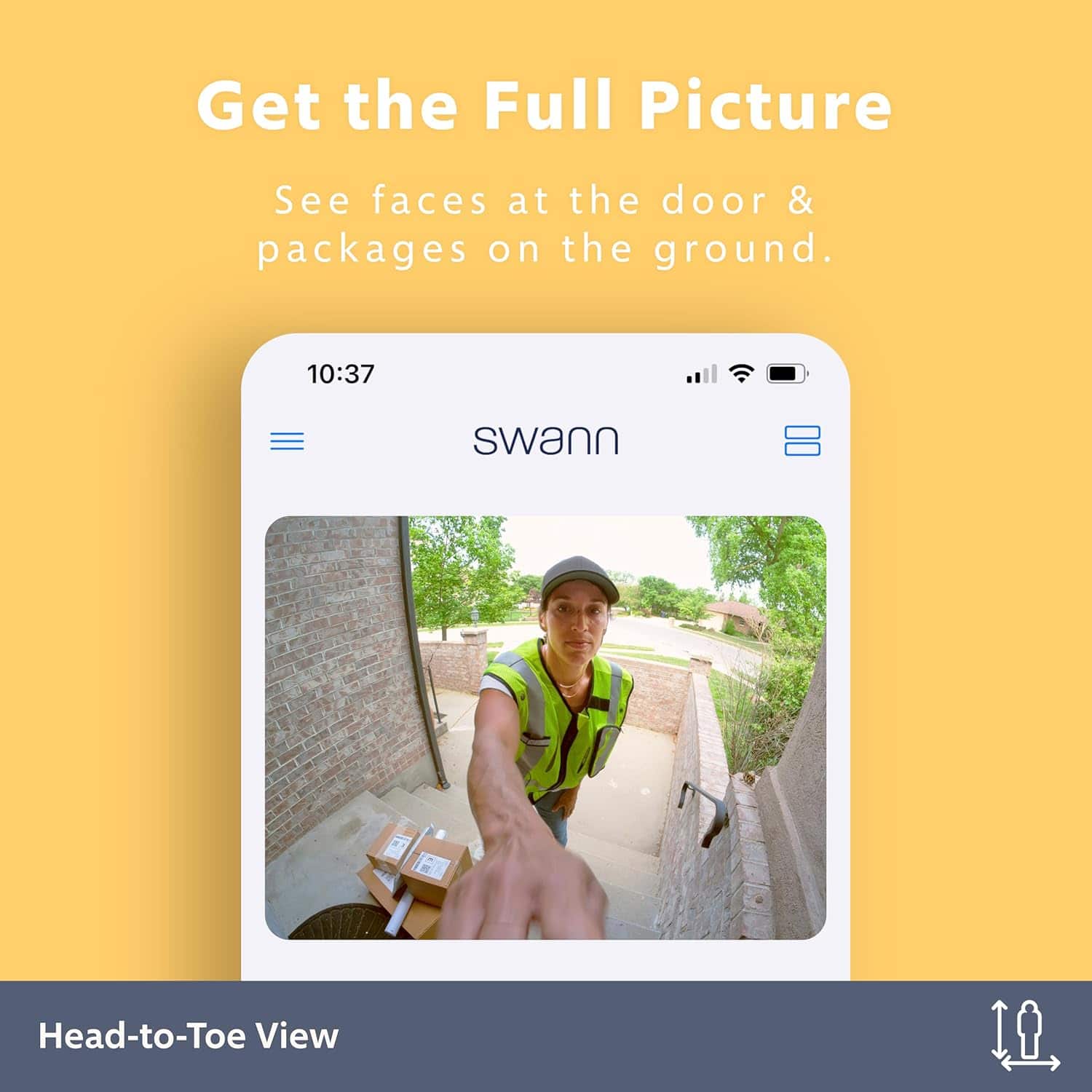 Get the Full Picture: See faces at the door & packages on the ground. Head-to-Toe View.