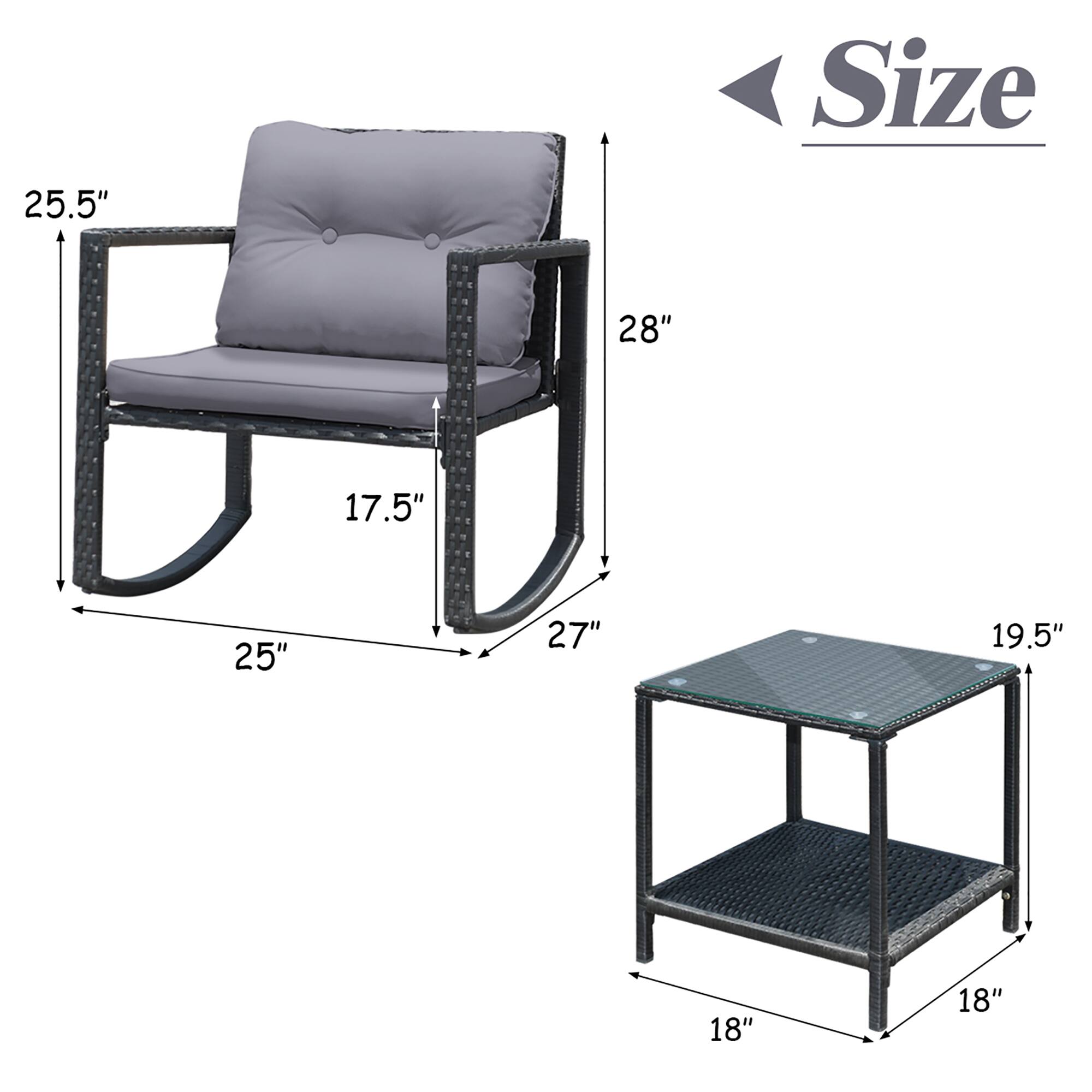 The text on the image reads: "25.5" Size 28" 17.5" 25" 27" 19.5" 18" 18". This text describes the dimensions of the chair and the table in the image. The chair is 25.5 inches in size, and the table is 28 inches in size. The table also has a 17.5-inch height, while the chair has a 25-inch height. Additionally, the table is 27 inches wide, and the chair is 19.5 inches wide. Lastly, both the chair and the table are 18 inches deep.